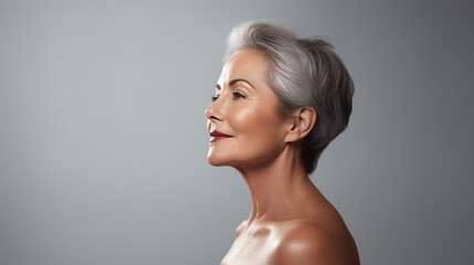 Ageless Beauty - Profile of a Middle-Aged Woman with Smooth Neck Skin. Anti-Aging Treatment for a Youthful Appearance on a Light Background.