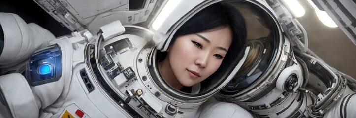 Asian woman in space suit, an astronaut floating inside the Space Station, surrounded by high-tech equipment and instruments. Cosmonaut in space suit work on the space station. Space research.. Banner