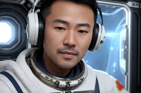 Portrait of Asian man in space suit, astronaut floating inside the Space Station, surrounded by high-tech equipment and instruments. Cosmonaut in space suit work on the space station. Space research.