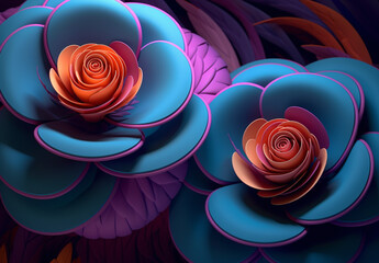 Futuristic abstract contemporary 3D background with flowers in orange, yellow, pink, purple and blue colors. AI generated