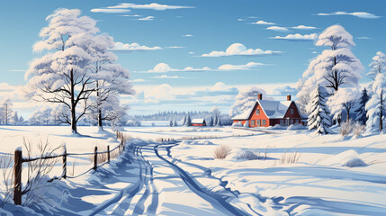 Winter Scene Rural Home long driveway illustration - Created using Generative AI