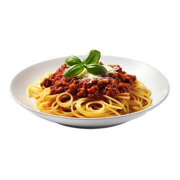 plate of pasta bolognese with basil isolated on white background, ai generated