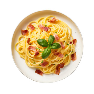 plate of pasta carbonara top view isolated on white background, ai generated