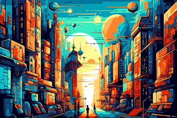 Retro futuristic city background. 80s sci-fi synthwave cityscape