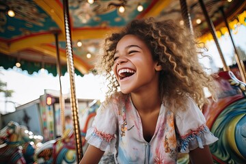 afro american curly haired girl on the carousel having fun, entertainment concept - obrazy, fototapety, plakaty