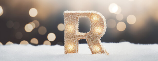 capital letter R christmas card with christmas decoration, white snow background, logo