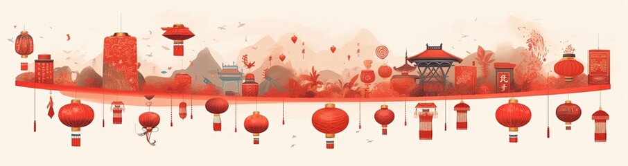 Vibrant Chinese New Year Scene with Red Lanterns and Tranquil Landscape