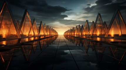 As the sky fades from a vibrant sunset to a deep blue night, the glass pyramids stand tall on the water's edge, reflecting the ever-changing landscape with each passing moment