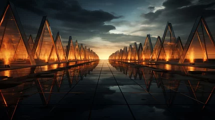 Papier Peint photo Lavable Réflexion As the sky fades from a vibrant sunset to a deep blue night, the glass pyramids stand tall on the water's edge, reflecting the ever-changing landscape with each passing moment