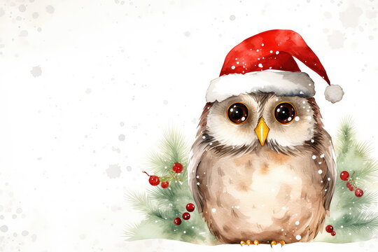 Watercolor image of Christmas card with a cute owl wearing a Santa hat with free space for your text