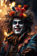 Fototapeta na wymiar Mr Clown close up face. Portrait of Funny face Clown man in colorful uniform