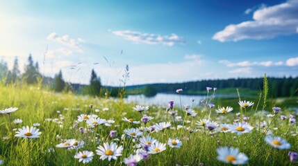 Green meadow with daisies by the lake on a sunny day