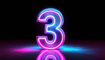 d render, number three glowing in the dark, pink blue neon light