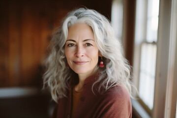 Fototapeta premium Smiling middle age grey-haired woman in outside. Autumn