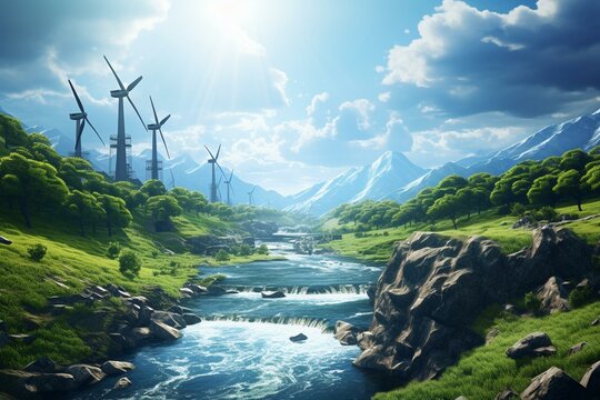 Sustainable scenery with windmills and renewable energy from flowing rivers. Generative AI