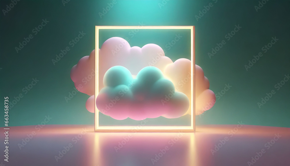 Wall mural d rendering, abstract minimalist background of pastel cloud and blank linear square frame glowing wi