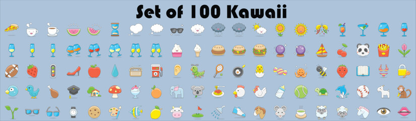 Set of 100 Kawaii Icons, Colored Kawai Icons