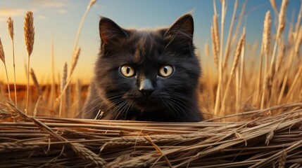 A graceful felidae, with wispy whiskers and a serene gaze, perches in a straw basket amidst the sprawling green grass under the vast open sky - obrazy, fototapety, plakaty