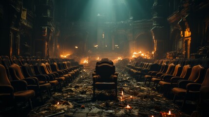 Amidst the warmth of a flickering fire, a sea of chairs awaits, inviting guests to gather and share stories of passion, adventure, and boundless imagination - obrazy, fototapety, plakaty