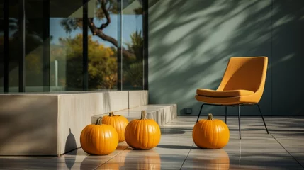 Fotobehang Vibrant orange cucurbits sit atop a tiled floor, surrounded by indoor furniture and gourds, as a window reveals the outdoor fall scene of a pumpkin-filled autumn landscape © Envision