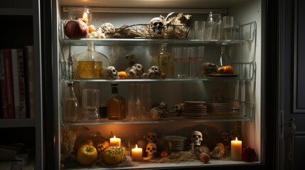 A macabre display of death and decay, as flickering candles cast a haunting glow on a shelf adorned with an eerie collection of skulls