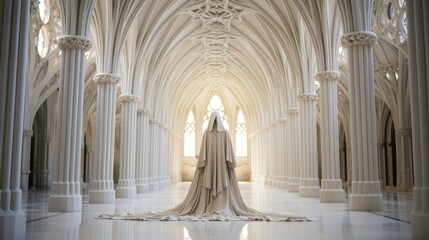 A solitary figure draped in a pristine white robe stands amidst the grandeur of a cathedral, their gaze fixed upon the intricate artwork adorning the vaulted ceiling
