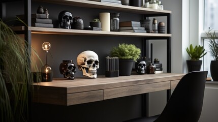The sleek and modern desk, adorned with a curious skull, holds a vase of vibrant flowers and a lush houseplant, while the wall above is adorned with a flowerpot and stylish shelves