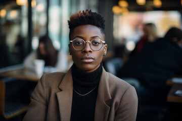 Fashionable Non binary African American wearing glasses in a cafe - obrazy, fototapety, plakaty