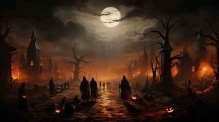 Under the night sky, a blazing fire illuminates the path as a group of wanderers carry their glowing pumpkins through the trees, their journey guided by the mysterious light of the full moon