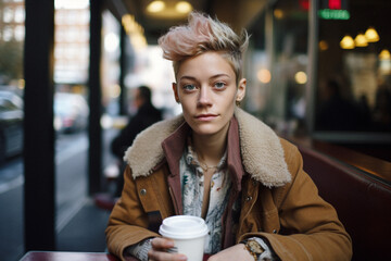 Non Binary Person drinking coffee in a city
