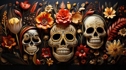 An enigmatic masquerade of death and beauty, as vibrant floral patterns adorn the macabre masks of a fashion-forward group of skulls