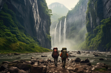 The scene depicted hikers group walking in a forest near a waterfall, day light,people walking near a waterfall with backpacks - obrazy, fototapety, plakaty