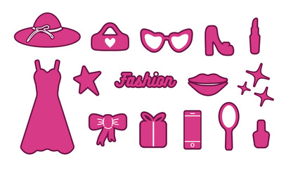 Popular pink collection for girls. a heart, a daisy, a hat, a shoe, a butterfly, a star, dress. logo, sticker, isolated elements on a pink background. for print, banner, postcards. art png.  barbie