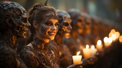 A mystical figure adorned in face paint gazes intently at a flickering candle, standing proudly among the elements of nature