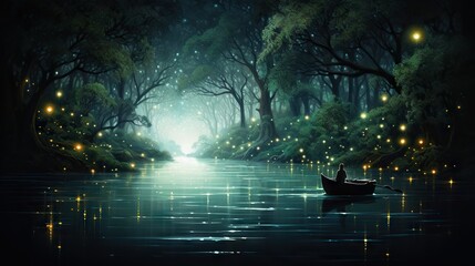 a painting of a person in a boat on a river at night.  generative ai
