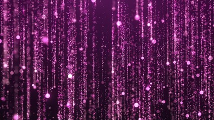 Shiny rose gold particles gracefully falling on purple gradient background. Shimmering particles surrounded by soft light and reflections. Luxury elegant background. Awards ceremony, events, Christmas