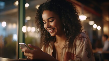 Young woman with curly hair using a smartphone - Powered by Adobe
