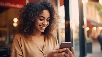 Young woman with curly hair using a smartphone