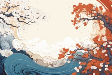 Chinese Lamps: Artistic Digital Illustration of Vibrant Blue Waves and Blossoming Trees