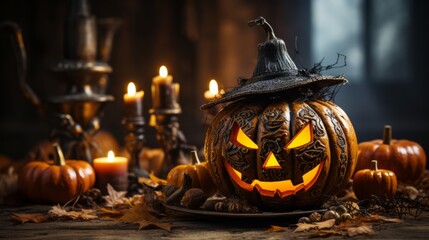 A glowing candle atop a pumpkin wearing a whimsical hat, beckoning for a cozy halloween night indoors