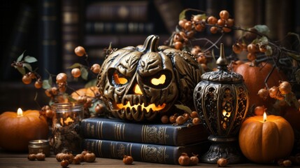 A vibrant pumpkin sits atop a tower of books, evoking the essence of halloween with its cucurbita form and inviting thoughts of trick-or-treating and indoor coziness
