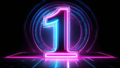 d render, number one glowing in the dark, pink blue neon light