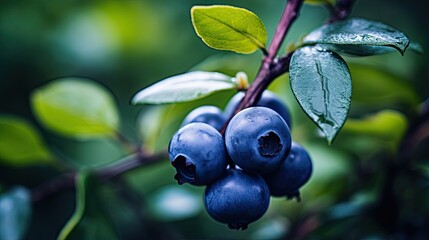  a close up of some blue berries on a tree branch.  generative ai