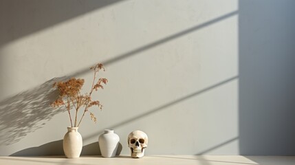 A white dog sits among a collection of vases and a skull, gazing at the wall with a wild and curious expression