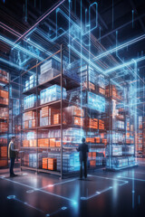 Futuristic Technology Retail Warehouse: Digitalization and Visualization of Industry 4.0 Process that Analyzes Goods, Cardboard Boxes, Products Delivery Infographics in Logistics, Distribution Center. - obrazy, fototapety, plakaty
