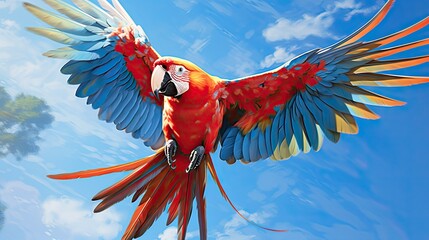  a colorful parrot flying through the air with its wings spread.  generative ai - obrazy, fototapety, plakaty