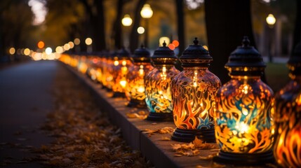 A mesmerizing glow illuminates the darkened street as a line of lanterns, each holding a flickering...