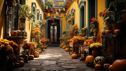 A vibrant fall scene, where pumpkins and gourds line the ground, flowerpots overflowing with autumn blooms, all leading down a whimsical walkway towards a charming building - obrazy, fototapety, plakaty