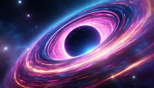 d render, abstract cosmic background with galaxy and stars. Round vortex. Pink blue neon lines spinning around the black hole