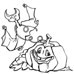 Graphic drawing for the Halloween holiday. Caricature of bats, vampires and pumpkins. Template, contour illustration. Emotions and the human form.